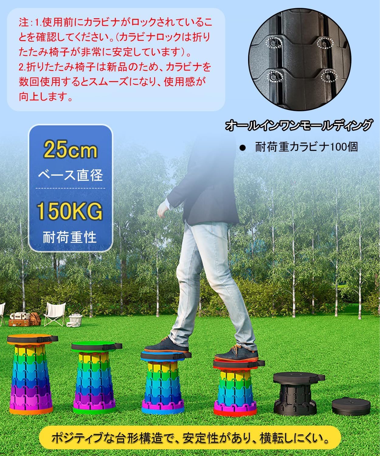 折りたたみ椅子 伸縮式 アウトドアチェア 折り畳み式 キャンプ椅子 キャンプスツール 軽量 防水 持ち手付き 持ち運び便利 1秒開閉可能 耐荷重150KG 釣り/観戦/花火大会/屋内/屋外用（ブラック） - Yolerhome