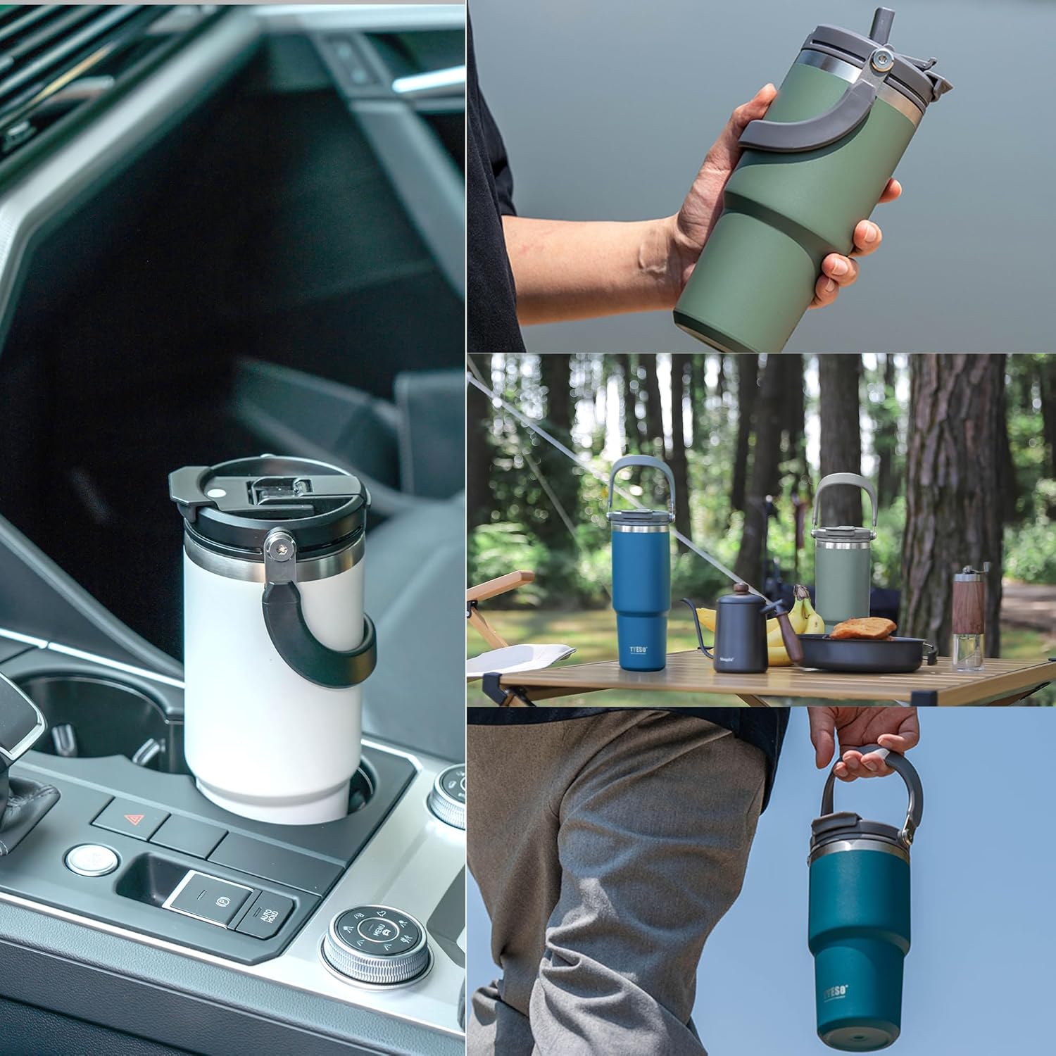 タンブラー ストロー付き 1050ml コーヒー 水筒 魔法瓶 保温保冷 取っ手付ケトル 真空断熱 二重構造 広口 大容量 直飲み 漏れない ホームオフィス アウトドア 1.05L 墨黒 - Yolerhome