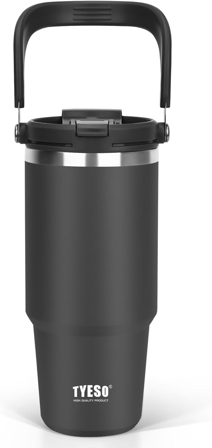 タンブラー ストロー付き 1050ml コーヒー 水筒 魔法瓶 保温保冷 取っ手付ケトル 真空断熱 二重構造 広口 大容量 直飲み 漏れない ホームオフィス アウトドア 1.05L 墨黒 - Yolerhome