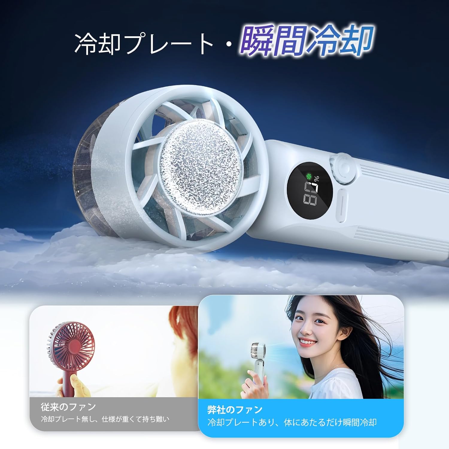 ハンディファン 冷却プレート搭載｜1秒瞬間冷感｜100段階風量調整｜首掛け/腰掛け/卓上/手持ち対応 軽量扇風機 - Yolerhome