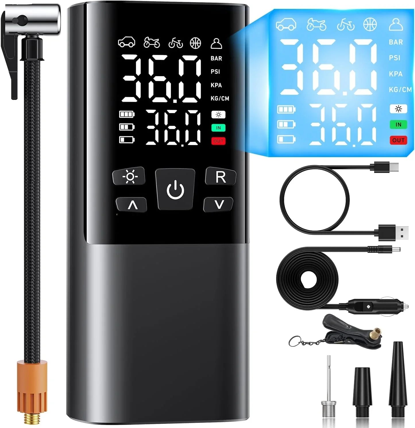 自転車 空気入れ 電動空気入れ バイク 車 仏/英/米式バルブ対応 最大圧力150PSI 高速充填 自動停止 6000mAh大容量電池 コードレス エアコンプレッサー コンパクト ライターコード/SOS/LED懐中ライト/収納袋付 - Yolerhome