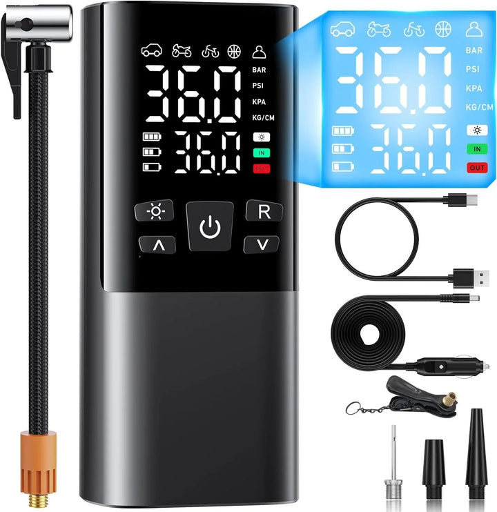 自転車 空気入れ 電動空気入れ バイク 車 仏/英/米式バルブ対応 最大圧力150PSI 高速充填 自動停止 6000mAh大容量電池 コードレス エアコンプレッサー コンパクト ライターコード/SOS/LED懐中ライト/収納袋付 - Yolerhome