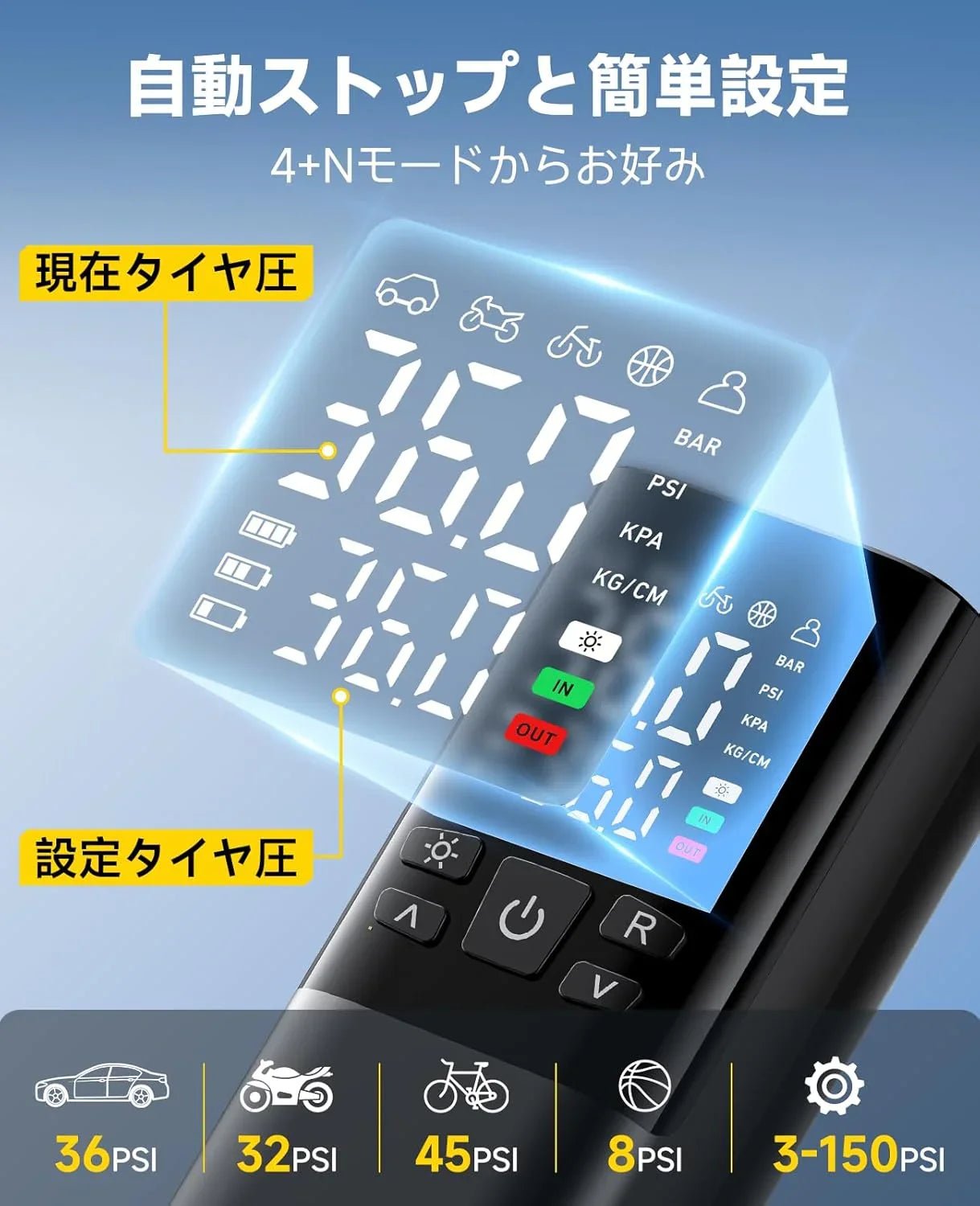 自転車 空気入れ 電動空気入れ バイク 車 仏/英/米式バルブ対応 最大圧力150PSI 高速充填 自動停止 6000mAh大容量電池 コードレス エアコンプレッサー コンパクト ライターコード/SOS/LED懐中ライト/収納袋付 - Yolerhome