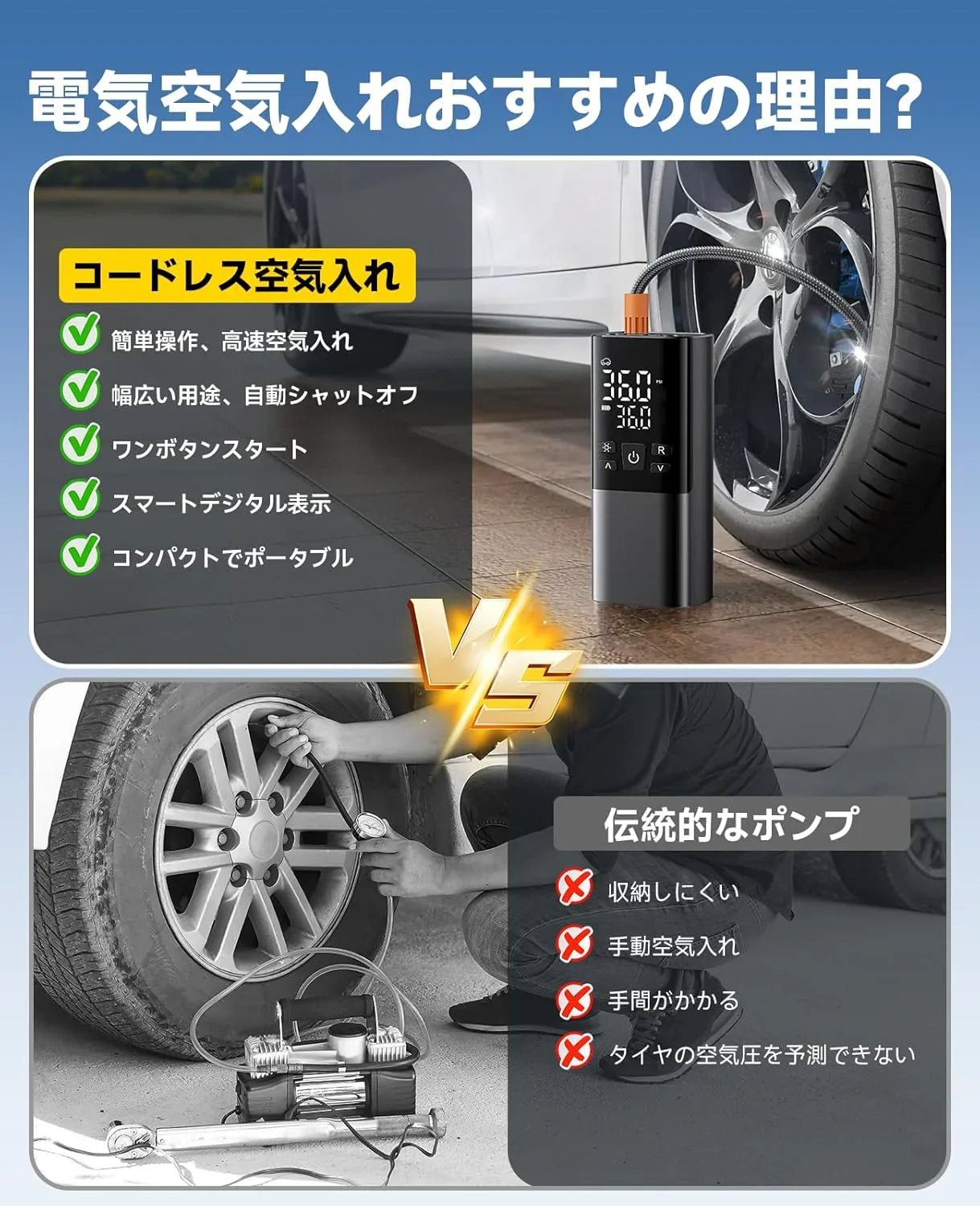 自転車 空気入れ 電動空気入れ バイク 車 仏/英/米式バルブ対応 最大圧力150PSI 高速充填 自動停止 6000mAh大容量電池 コードレス エアコンプレッサー コンパクト ライターコード/SOS/LED懐中ライト/収納袋付 - Yolerhome