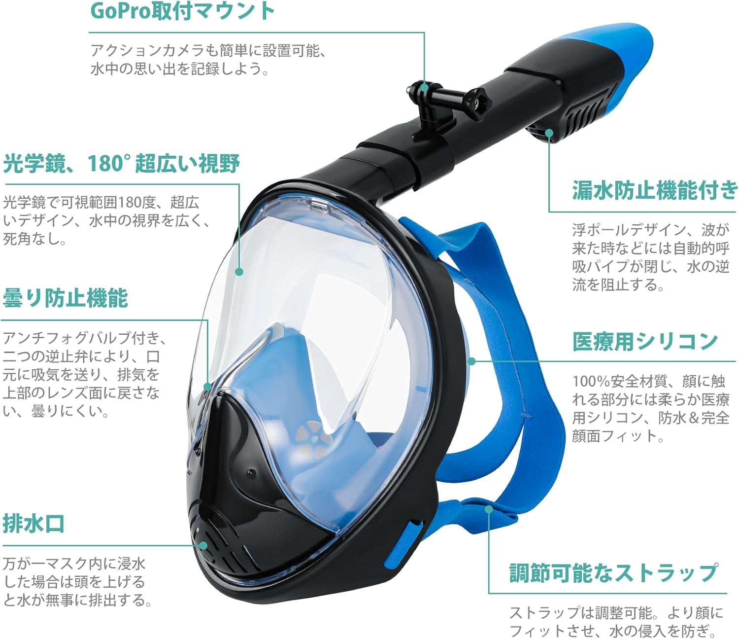シュノーケルマスク ダイビングマスク シュノーケリングフルフェイス型 曇り止め 水漏れ防止 180度超広角 GoPro取付可能 ストラップ調節可能 自由に呼吸可能 男女兼用 ジュニア用 大人用 初心者 海 夏 - Yolerhome