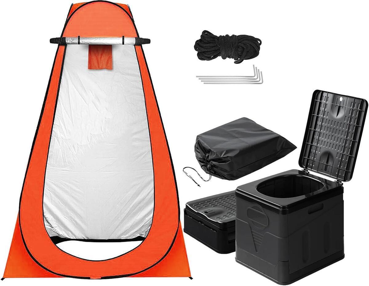 非常用トイレ テント 2点セット 携帯トイレ プライバシーテント 常備 災害時 避難用 地震 ポータブルトイレ 処理袋12個・収納袋付 プライベートテント 便座 折りたたみ 簡易 キャンプ 車中泊 着替えテント シャワールーム アウトドア - Yolerhome