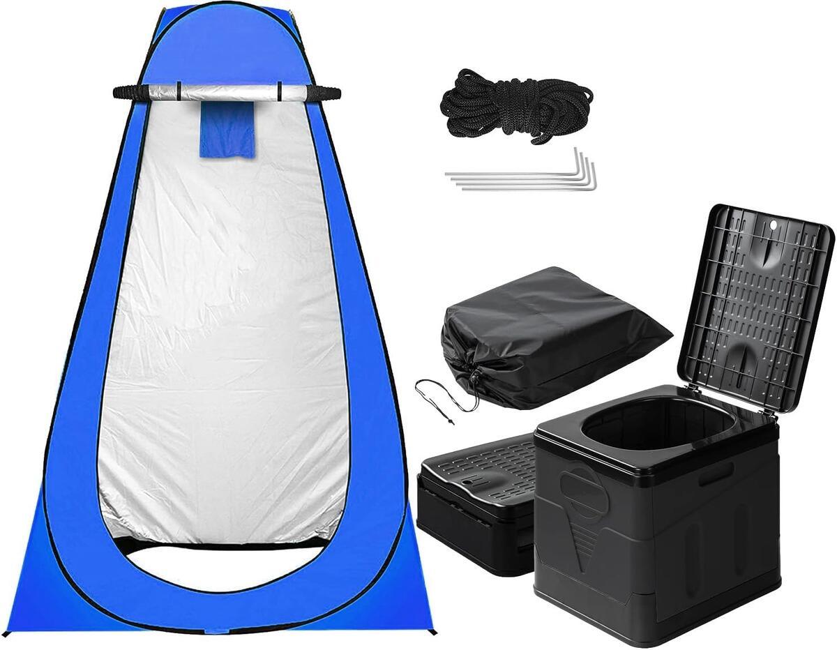 非常用トイレ テント 2点セット 携帯トイレ プライバシーテント 常備 災害時 避難用 地震 ポータブルトイレ 処理袋12個・収納袋付 プライベートテント 便座 折りたたみ 簡易 キャンプ 車中泊 着替えテント シャワールーム アウトドア - Yolerhome