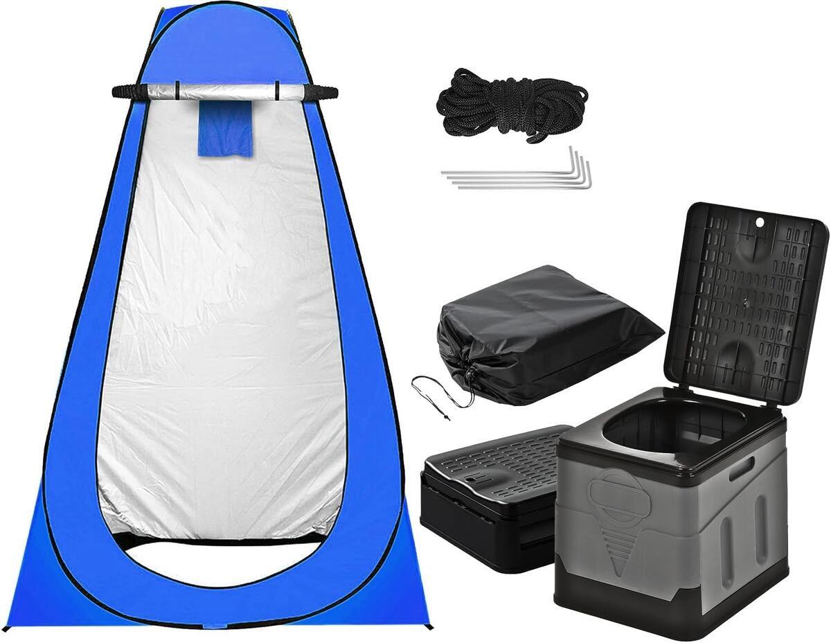 非常用トイレ テント 2点セット 携帯トイレ プライバシーテント 常備 災害時 避難用 地震 ポータブルトイレ 処理袋12個・収納袋付 プライベートテント 便座 折りたたみ 簡易 キャンプ 車中泊 着替えテント シャワールーム アウトドア - Yolerhome