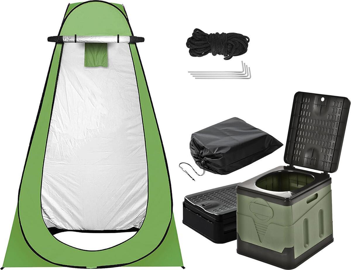 非常用トイレ テント 2点セット 携帯トイレ プライバシーテント 常備 災害時 避難用 地震 ポータブルトイレ 処理袋12個・収納袋付 プライベートテント 便座 折りたたみ 簡易 キャンプ 車中泊 着替えテント シャワールーム アウトドア - Yolerhome