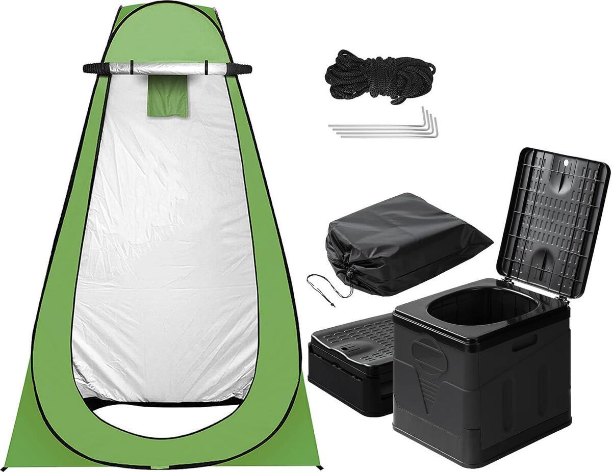 非常用トイレ テント 2点セット 携帯トイレ プライバシーテント 常備 災害時 避難用 地震 ポータブルトイレ 処理袋12個・収納袋付 プライベートテント 便座 折りたたみ 簡易 キャンプ 車中泊 着替えテント シャワールーム アウトドア - Yolerhome