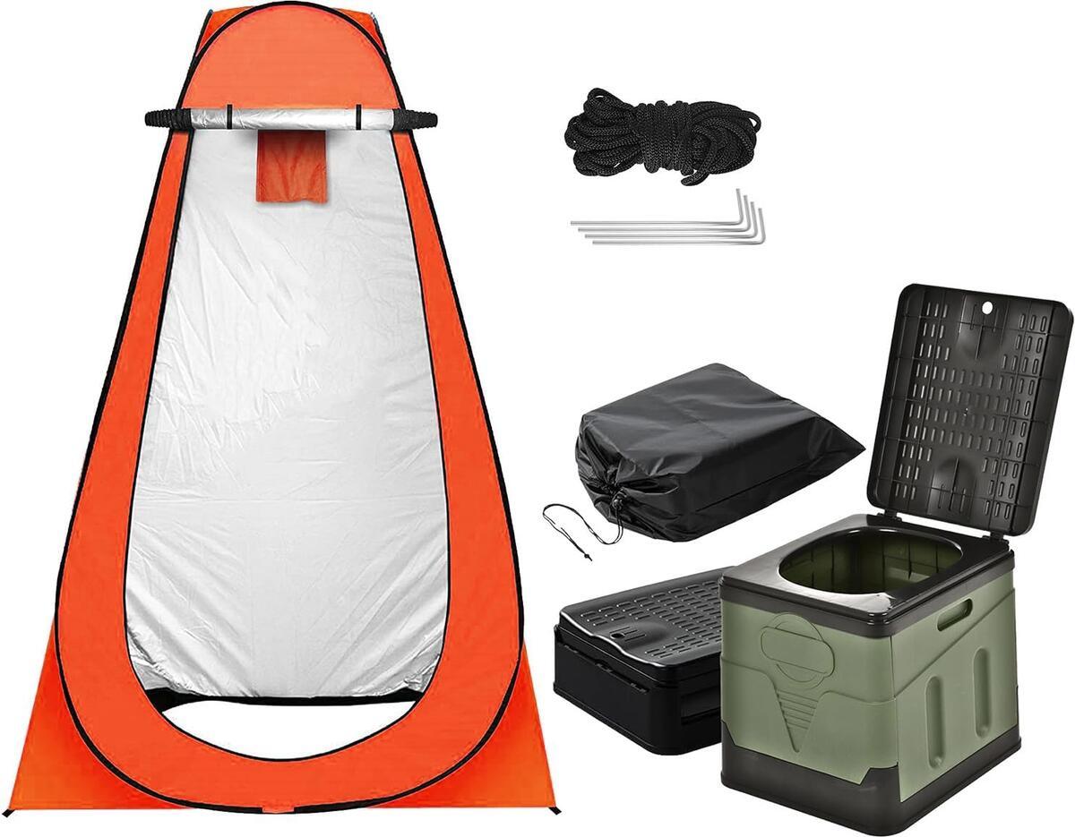 非常用トイレ テント 2点セット 携帯トイレ プライバシーテント 常備 災害時 避難用 地震 ポータブルトイレ 処理袋12個・収納袋付 プライベートテント 便座 折りたたみ 簡易 キャンプ 車中泊 着替えテント シャワールーム アウトドア - Yolerhome