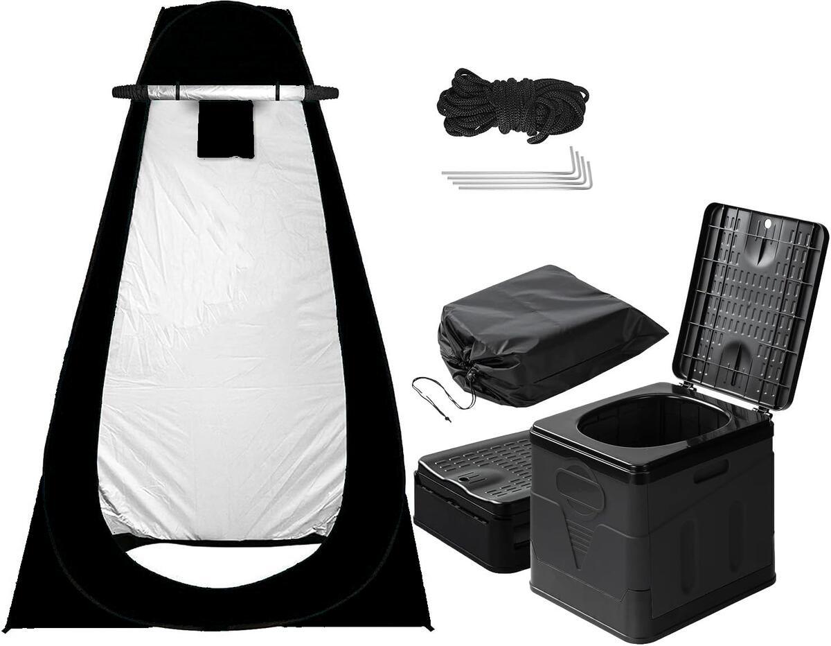非常用トイレ テント 2点セット 携帯トイレ プライバシーテント 常備 災害時 避難用 地震 ポータブルトイレ 処理袋12個・収納袋付 プライベートテント 便座 折りたたみ 簡易 キャンプ 車中泊 着替えテント シャワールーム アウトドア - Yolerhome