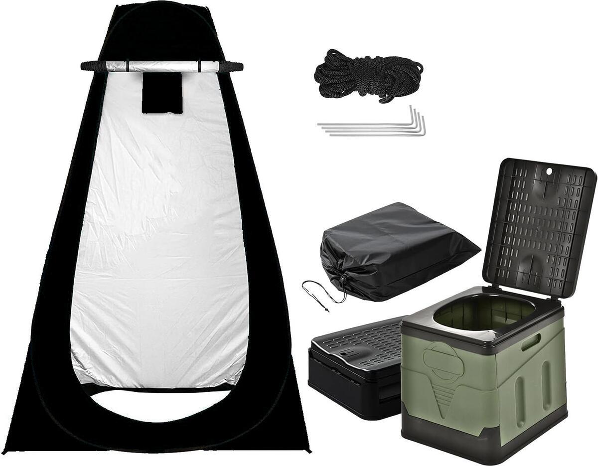 非常用トイレ テント 2点セット 携帯トイレ プライバシーテント 常備 災害時 避難用 地震 ポータブルトイレ 処理袋12個・収納袋付 プライベートテント 便座 折りたたみ 簡易 キャンプ 車中泊 着替えテント シャワールーム アウトドア - Yolerhome