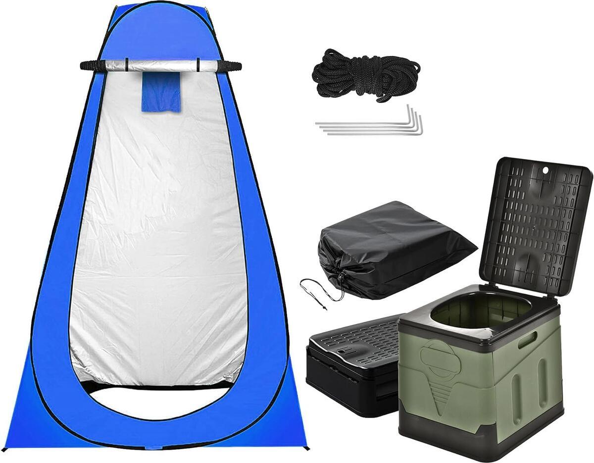 非常用トイレ テント 2点セット 携帯トイレ プライバシーテント 常備 災害時 避難用 地震 ポータブルトイレ 処理袋12個・収納袋付 プライベートテント 便座 折りたたみ 簡易 キャンプ 車中泊 着替えテント シャワールーム アウトドア - Yolerhome