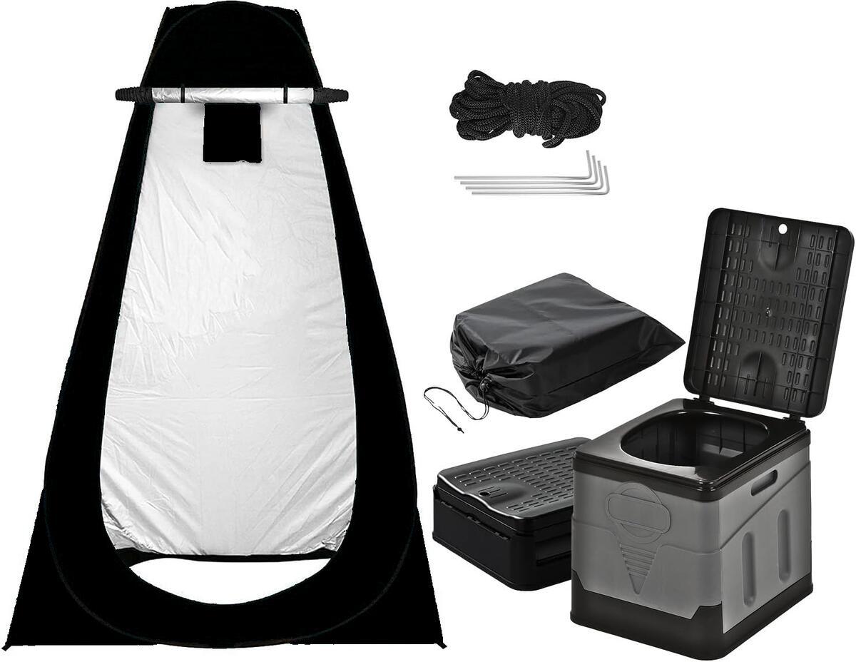 非常用トイレ テント 2点セット 携帯トイレ プライバシーテント 常備 災害時 避難用 地震 ポータブルトイレ 処理袋12個・収納袋付 プライベートテント 便座 折りたたみ 簡易 キャンプ 車中泊 着替えテント シャワールーム アウトドア - Yolerhome