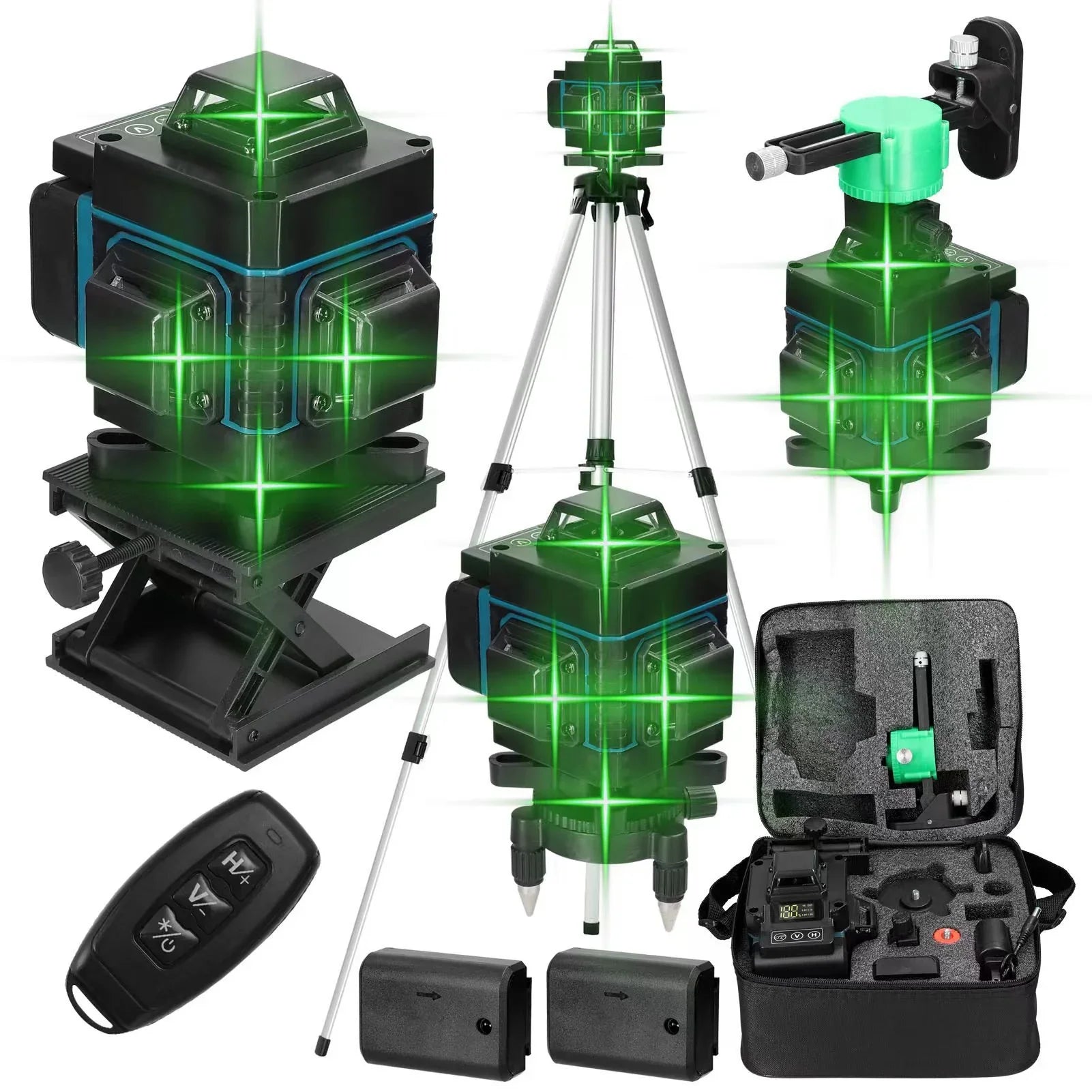 【2025最新改良】レーザー墨出し器 16ライン 4x360°グリーンレーザー 水平器 フルライン 電量LCDディスプレー搭載 回転レーザー線 高輝度 レーザーレベル 自動補正 受光器対応 リモコン付き 屋内屋外兼用 IP54防水防塵 大容量の充電式バッテリー2個 - Yolerhome