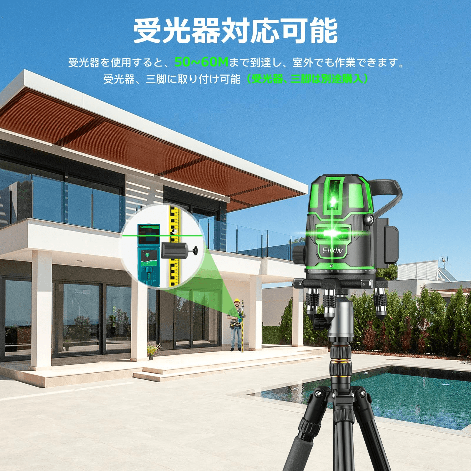 【2025年新登場】レーザー墨出し器 Elikliv グリーン レーザー 水平器 レーザーレベル 5ライン 回転レーザー線 4方向大矩照射 墨出しレーザー DIY 自動補正 高輝度 照射 地墨ポイント 屋内 屋外 受光器対応 大容量2個バッテリー付き - Yolerhome