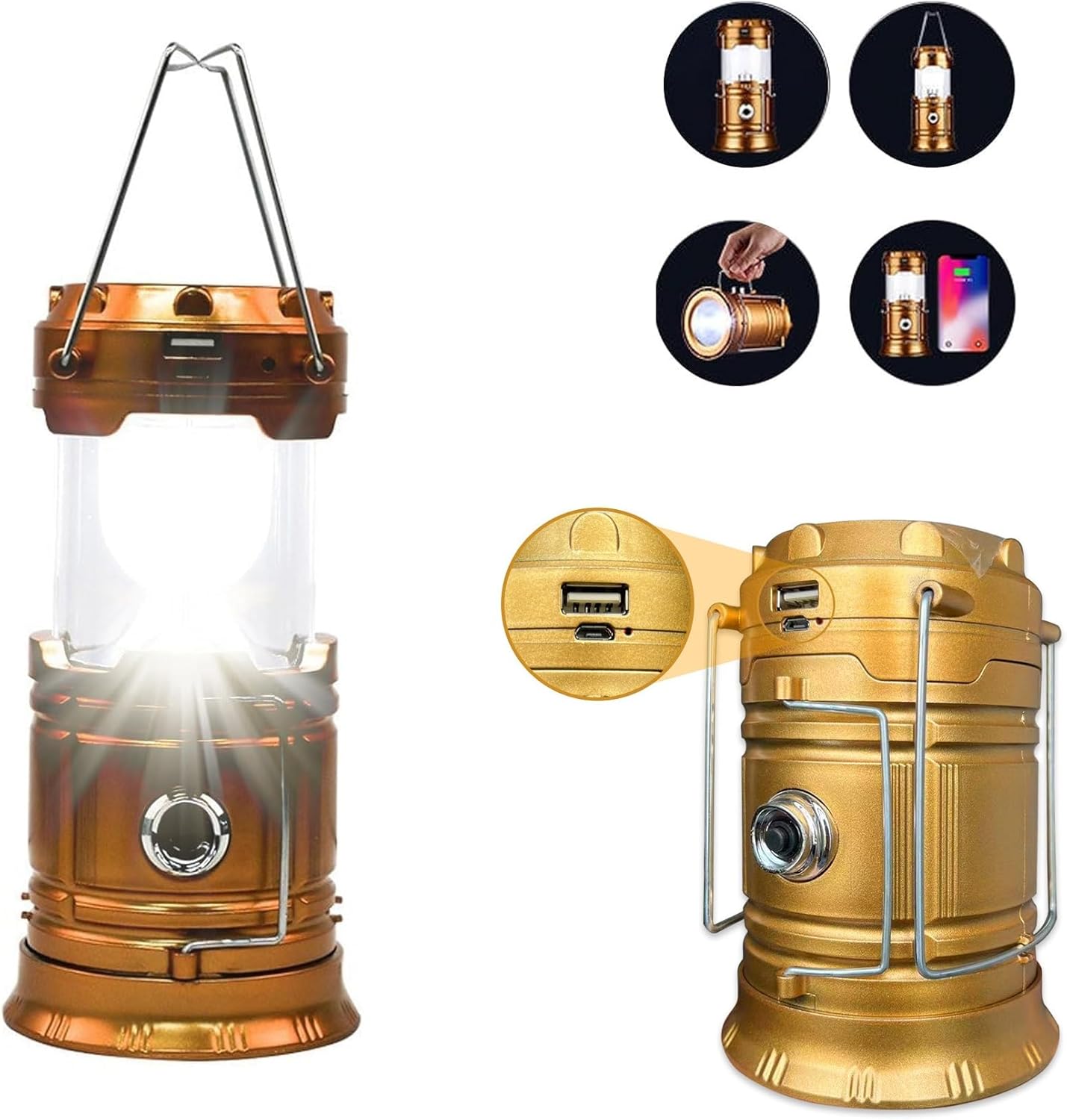【2025進化モデル】ソーラーランタン LEDランタン 折り畳み式 充電式 防災用 高輝度 軽量 防水 アウトドア キャンプ 非常用 停電対策 6 - 8時間連続使用（ゴールド） - Yolerhome