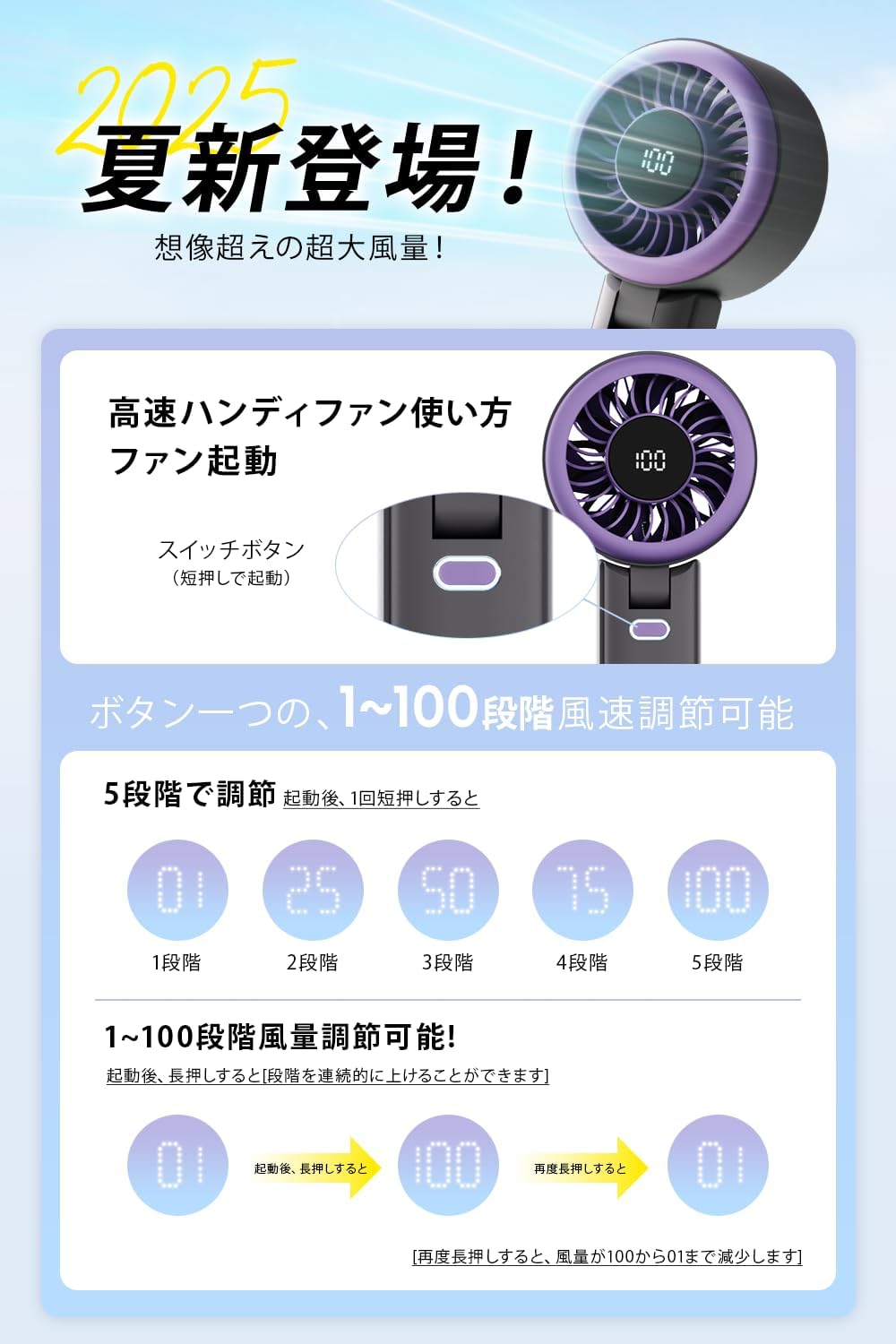 ハンディファン 携帯扇風機【2025革新型・1〜100段階の風量調整・超大風量】手持ち扇風機 軽量設計 USB充電式 バッテリー残量表示 大容量電池 長時間稼働 5段階風量調整 LEDディスプレイ ストラップ付きカラビナ付き 手持ち/首掛け/卓上 持ち運び便利 暑さ対策 熱中症対策 旅行/キャンプ/アウトドア/通学/通勤/贈り物/花火大会などに適用 （アイボリー） - Yolerhome