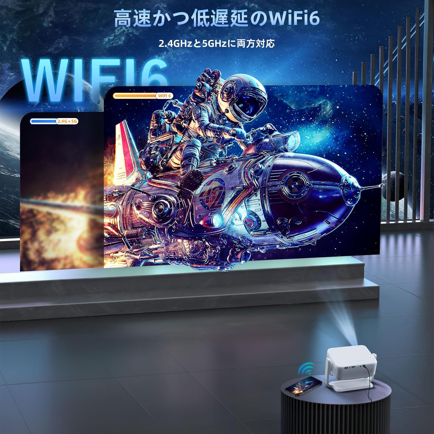 プロジェクター【2025革新360°回転】 小型 天井 家庭用 自動台形補正 30000lm 1080P 電動フォーカス 5GWiFi&Bluetooth5.4 高輝度 4K対応 ホームシアター 一人暮らし HiFiスピーカー スマホ/パソコン/HDMI/USB/TV Stick/Switch/PS5に適合する 白 - Yolerhome