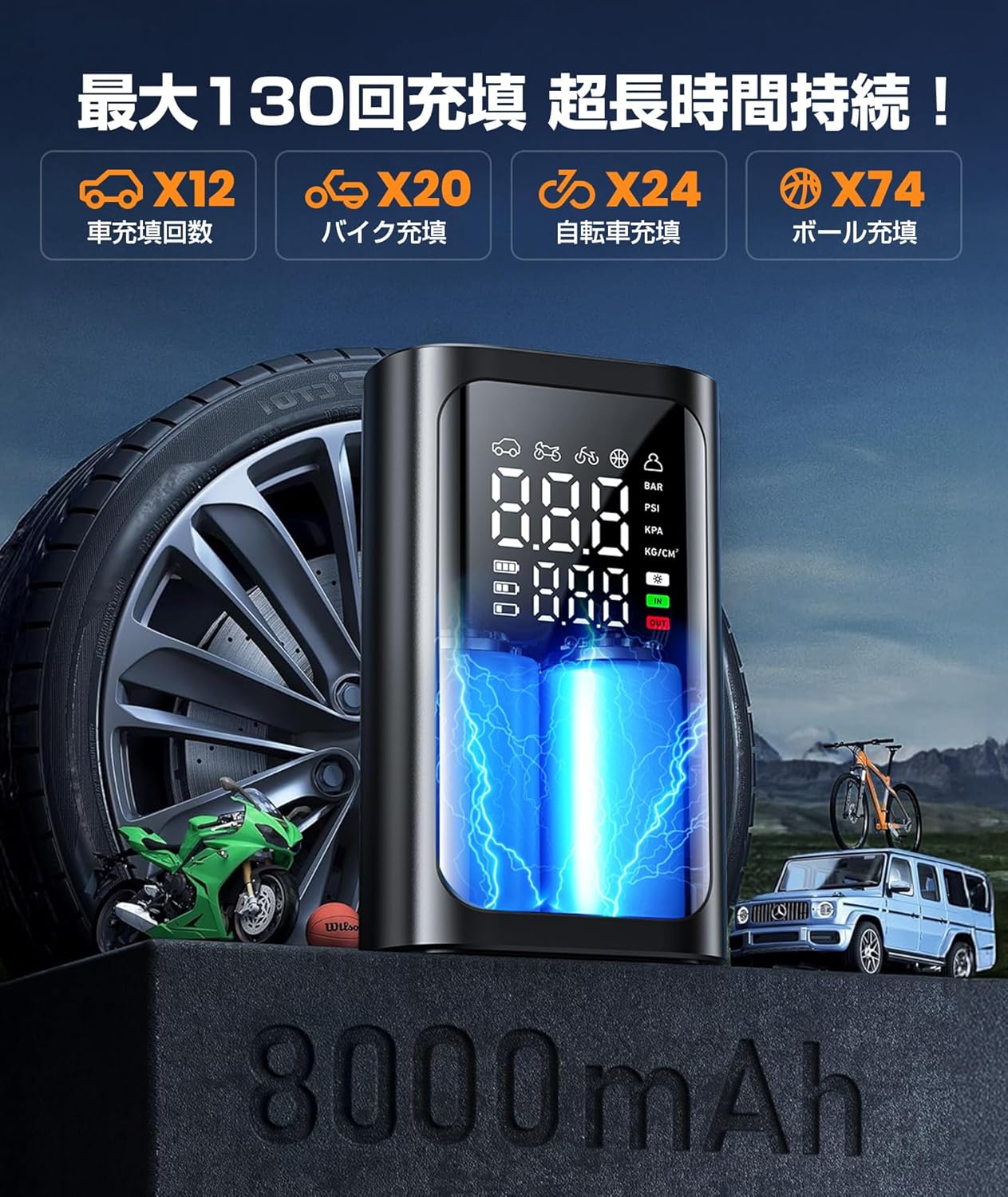 自転車 空気入れ 電動空気入れ【2025年新モデル｜6倍速超高速充填・超小型】エアーポンプ 自動停止 大容量バッテリー 最大圧力150PSI 仏/英/米式バルブ対応 5モード切替 LEDライト付き LCD表示 コードレス コンパクト 自転車/バイク/車/浮き輪/ボール対応 Type - C 充電式 モバイルコンプレッサー 収納袋 日本語取扱説明書付き - Yolerhome