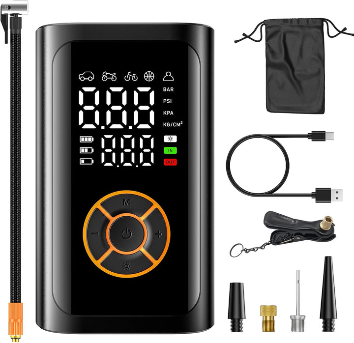 自転車 空気入れ 電動空気入れ【2025年新モデル｜6倍速超高速充填・超小型】エアーポンプ 自動停止 大容量バッテリー 最大圧力150PSI 仏/英/米式バルブ対応 5モード切替 LEDライト付き LCD表示 コードレス コンパクト 自転車/バイク/車/浮き輪/ボール対応 Type - C 充電式 モバイルコンプレッサー 収納袋 日本語取扱説明書付き - Yolerhome