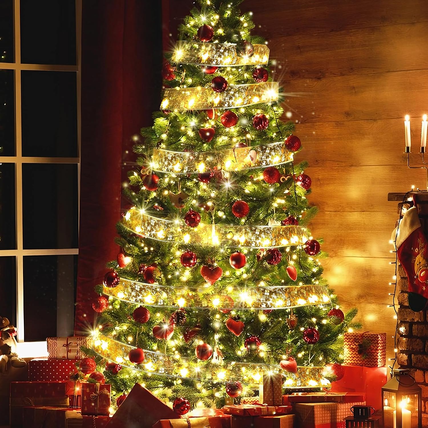 クリスマスリボン ライト 20M 200LED イルミネーション クリスマス 飾り 電池式 クリスマスツリー 飾り ラッピング 雰囲気 ロマンチック プレゼント ラッピング クリスマス 結婚式 お祝い日 正月 室内 ガーデンライト 屋外 デコレーション オーナメント (暖かい光) - Yolerhome