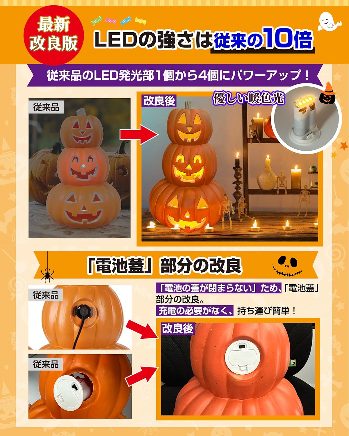 3連 パンプキンランタン 電池式 3つ重 ジャックオ 置物 カボチャのオブジェ 飾り付け ハロウィングッズ 装飾 - Yolerhome