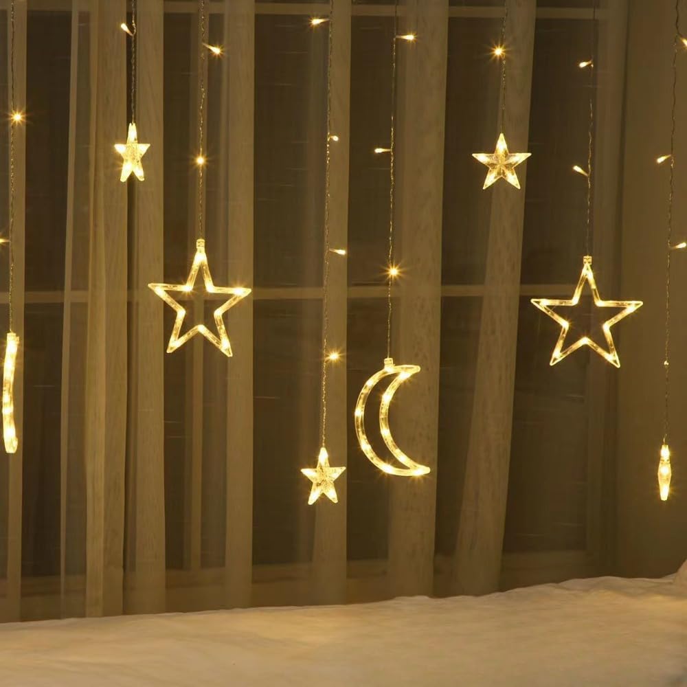 星月 カーテンライト 長さ3.5m 防水 おしゃれ かわいい 室内 電気装飾 省エネ クリスマス パーティー 新年 休日 結婚式 ガーデン対応 (ウォームホワイト,プラグイン) - Yolerhome