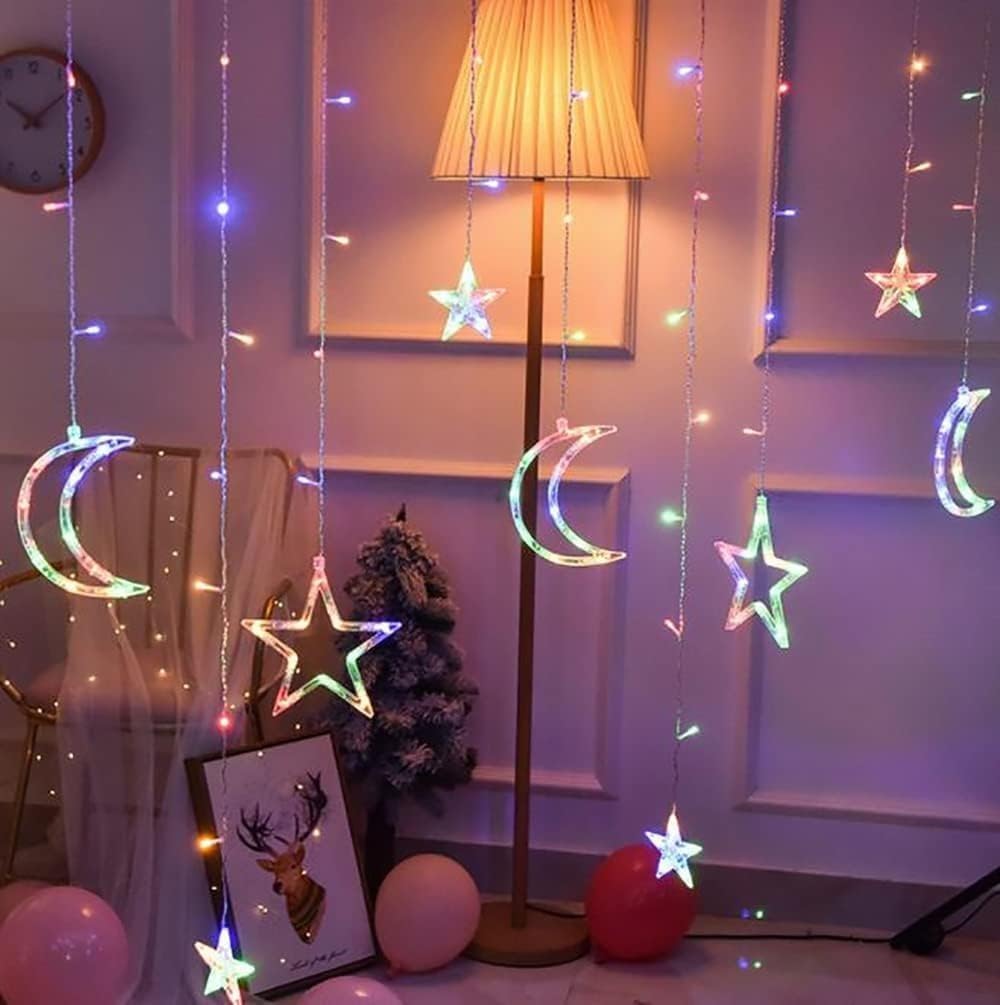 星月 カーテンライト 長さ3.5m 防水 おしゃれ かわいい 室内 電気装飾 省エネ クリスマス パーティー 新年 休日 結婚式 ガーデン対応 (ウォームホワイト,プラグイン) - Yolerhome
