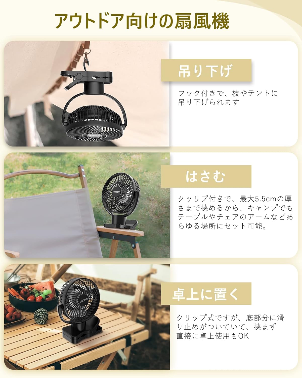 【360度自動首振り・10000mAh 】キャンプ 扇風機 クリップ 卓上 吊り下げ USB充電式 リモコン付き 静音 小型 風量調節可能 LEDライト搭載 キャンプ アウトドア 黒 - Yolerhome