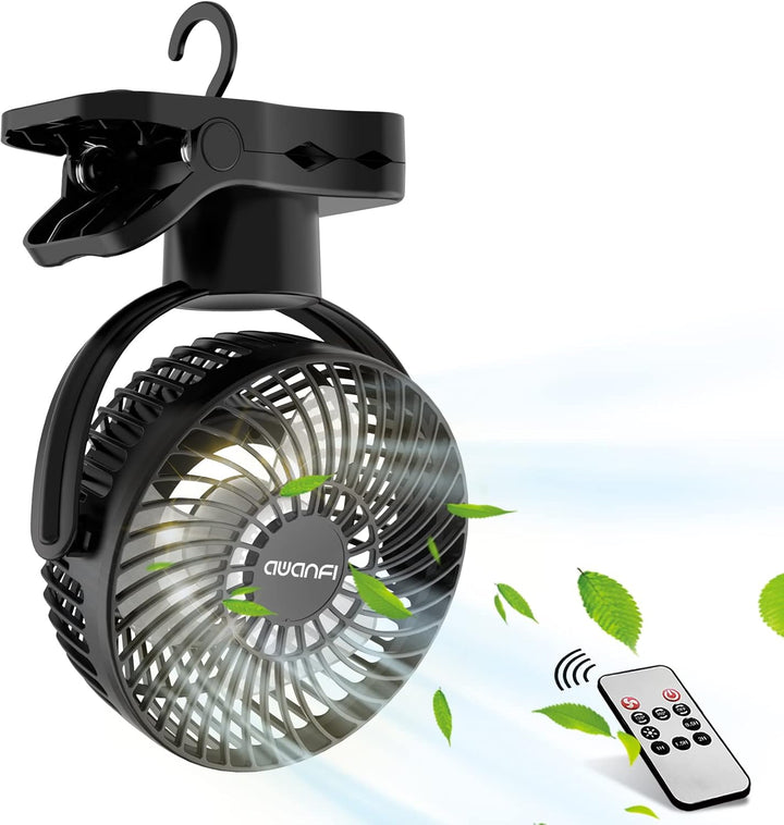 【360度自動首振り・10000mAh 】キャンプ 扇風機 クリップ 卓上 吊り下げ USB充電式 リモコン付き 静音 小型 風量調節可能 LEDライト搭載 キャンプ アウトドア 黒 - Yolerhome