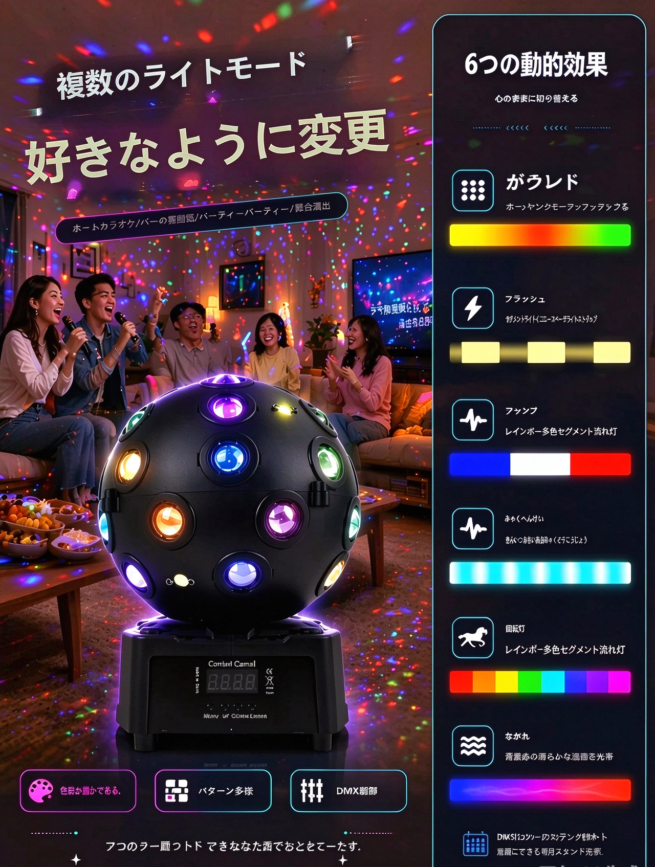 LEDマジックライト ストーム 音声起動 大型 マジックボールクリスタル  ステージ  レーザー回転 水晶魔球 ライティングショー 七色