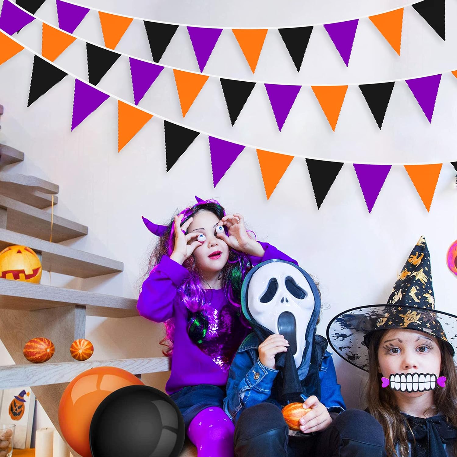 黒オレンジ紫三角旗 ガーランド 約3m ハロウィン パーティー 飾り 誕生日 結婚式 アウトドア キャンプ イベント用 紙製ペナントフラッグ デコレーション - Yolerhome