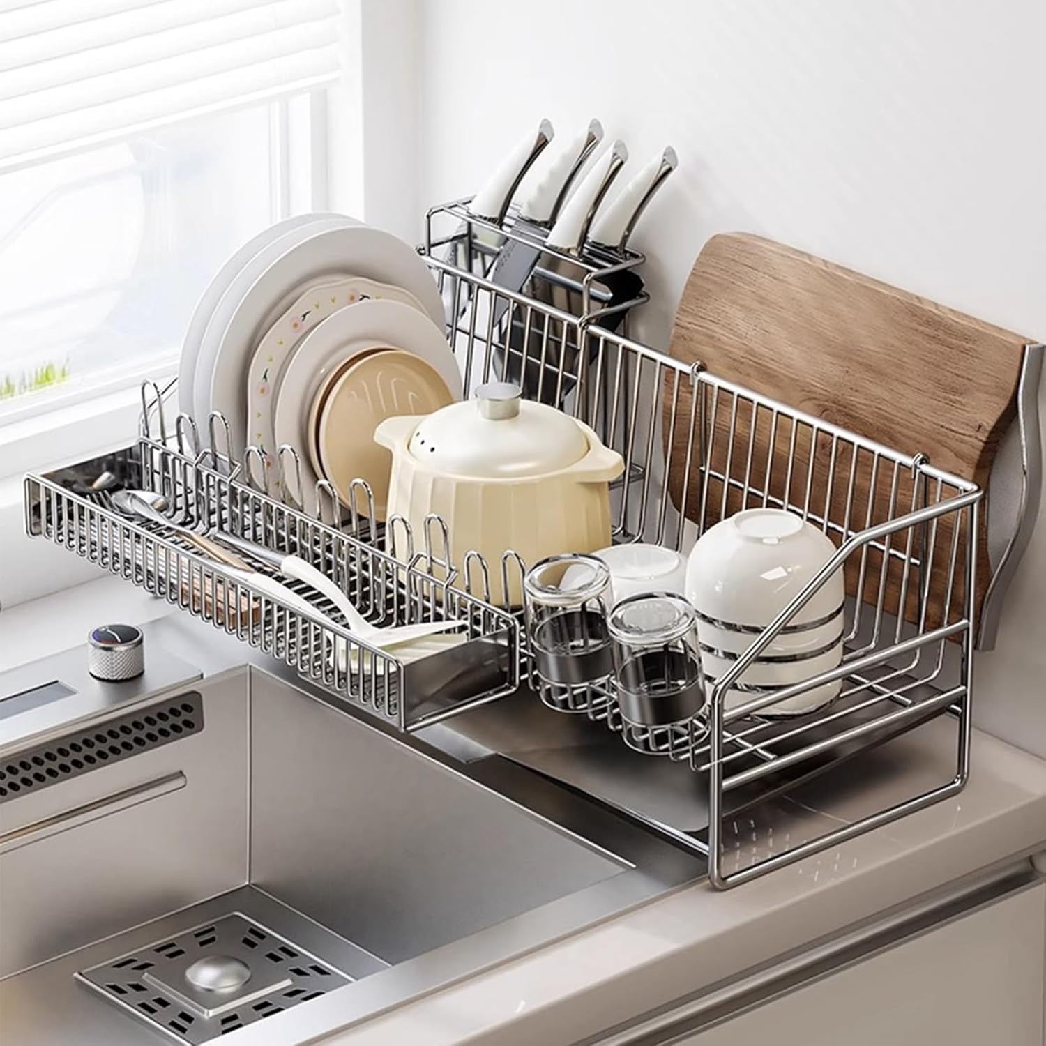 食器水切りラック 水切りカゴ スリム 大容量 幅49×奥行18.3×高さ16.8cm 台所 キッチン収納 食器乾燥ラック シンク上 皿立て 箸立て まな板 棚 トレー 排水 省スペース 錆びない ステンレス鋼 - Yolerhome