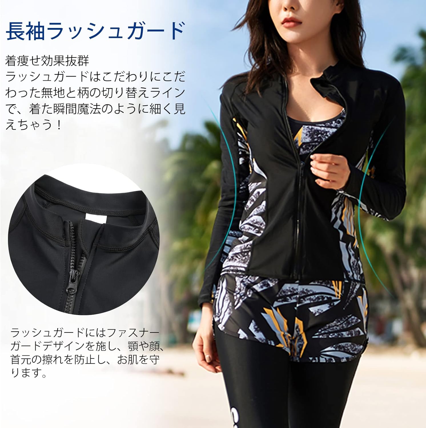 水着 レディース 体型カバー フィットネス水着 5点セット ラッシュガード ショートパンツ タンキニ 長袖 レギンス 接触冷感 UVカット 水陸両用 - Yolerhome