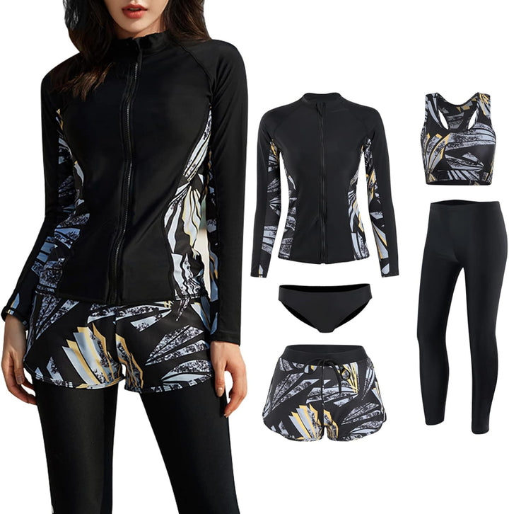 水着 レディース 体型カバー フィットネス水着 5点セット ラッシュガード ショートパンツ タンキニ 長袖 レギンス 接触冷感 UVカット 水陸両用 - Yolerhome