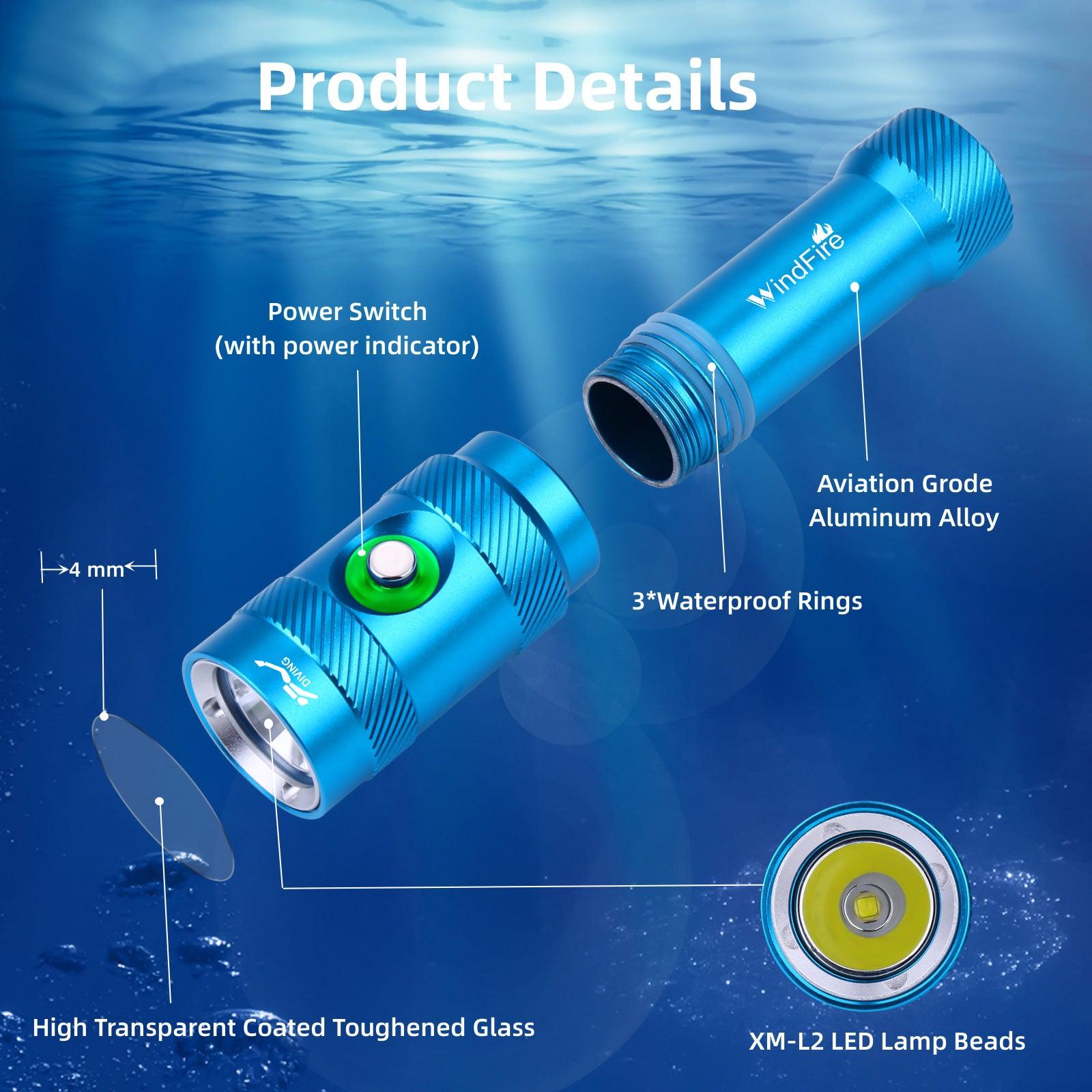 ダイビングライト・5000ルーメン水中ライト・三つ点灯モード・電源インジケーター・水中100メートル使用可能・IP68防水・充電式ダイビング用・水中ライト・水陸両用 登山 夜釣り 防災グッズ 停電対策 緊急用 - Yolerhome