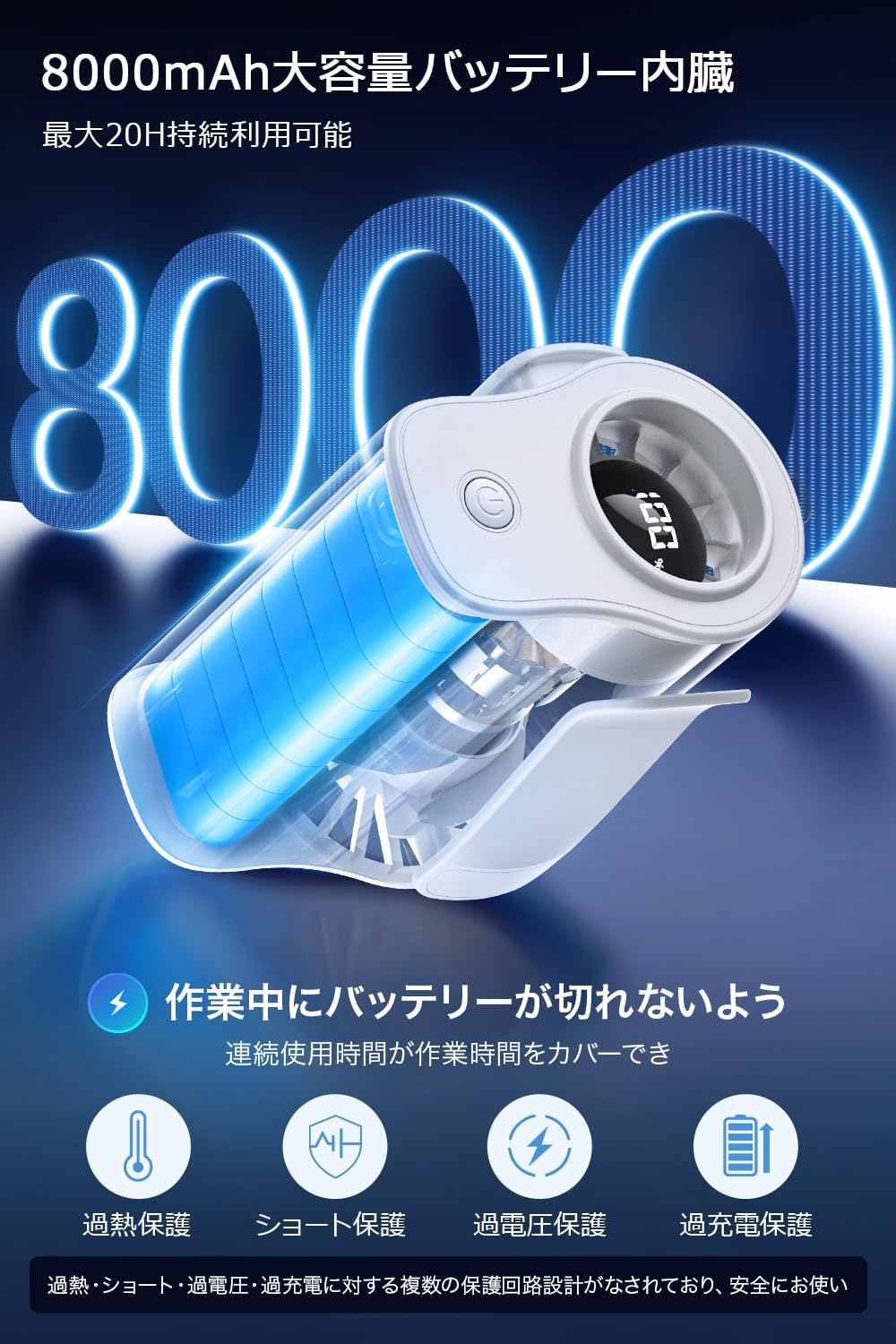 【8000mAh大容量｜1台4役】腰掛け扇風機 超強風100段階風量調節 USB充電式｜20時間稼働｜静音＆LED表示｜軽量182g｜首掛け/手持ち/卓上対応｜携帯ファン 暑さ＆熱中症対策 (ホワイト) - Yolerhome