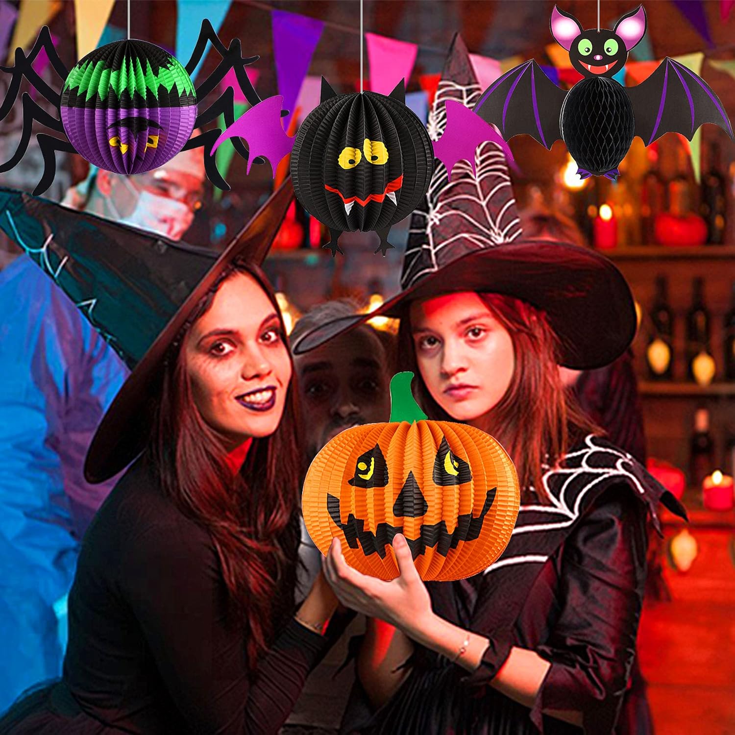 ハロウィン 飾り 吊り下げ 9点セット パーティー 装飾セット 紙提灯 カボチャ ランタン 折りたたみ式 クロネコ 幽霊 ゴースト コウモリ 蜘蛛 お化け屋敷 装飾品 学園祭 イベントグッズ - Yolerhome