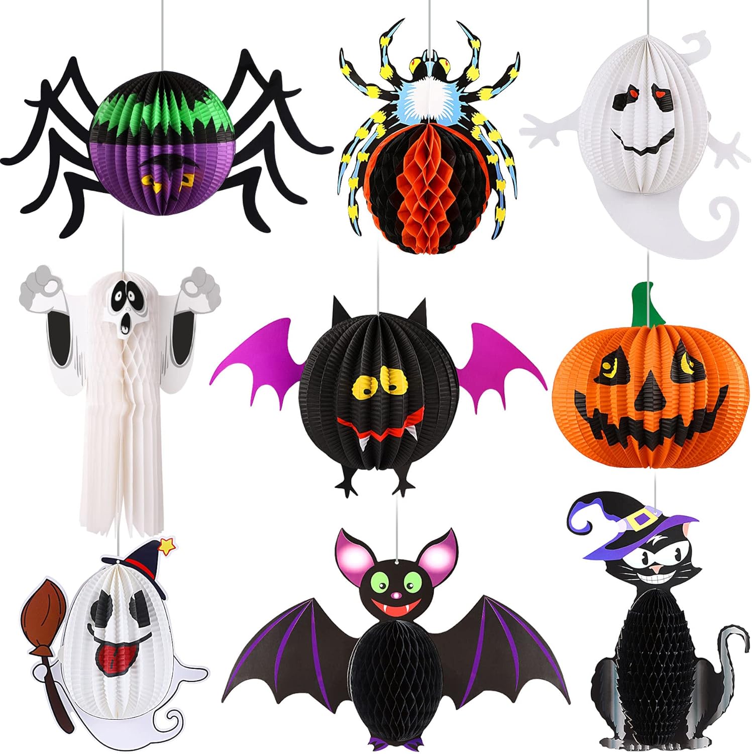 ハロウィン 飾り 吊り下げ 9点セット パーティー 装飾セット 紙提灯 カボチャ ランタン 折りたたみ式 クロネコ 幽霊 ゴースト コウモリ 蜘蛛 お化け屋敷 装飾品 学園祭 イベントグッズ - Yolerhome