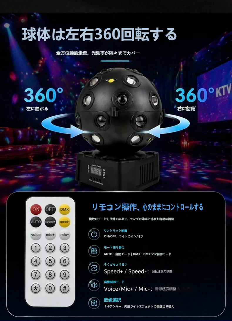 LEDマジックライト ストーム 音声起動 大型 マジックボールクリスタル  ステージ  レーザー回転 水晶魔球 ライティングショー 七色