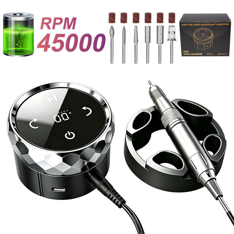 最新モデル コアレスモーター採用 ネイルマシン 大ベアリング無段変速 45000RPM 充電式 携帯型ネイルドリル 爪オフ・研磨対応 ネイルサロン / セルフネイル向け 誤操作防止ロック機能付き ビットセット付属