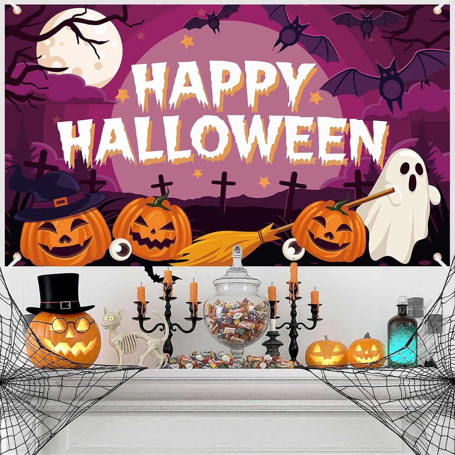 ハロウィン タペストリー 壁掛け おしゃれ 飾り付け 壁 飾り 背景 デコレーション 装飾 Happy Halloween パーティー ハロウィングッズ 窓 玄関 部屋 インテリア かぼちゃ - Yolerhome