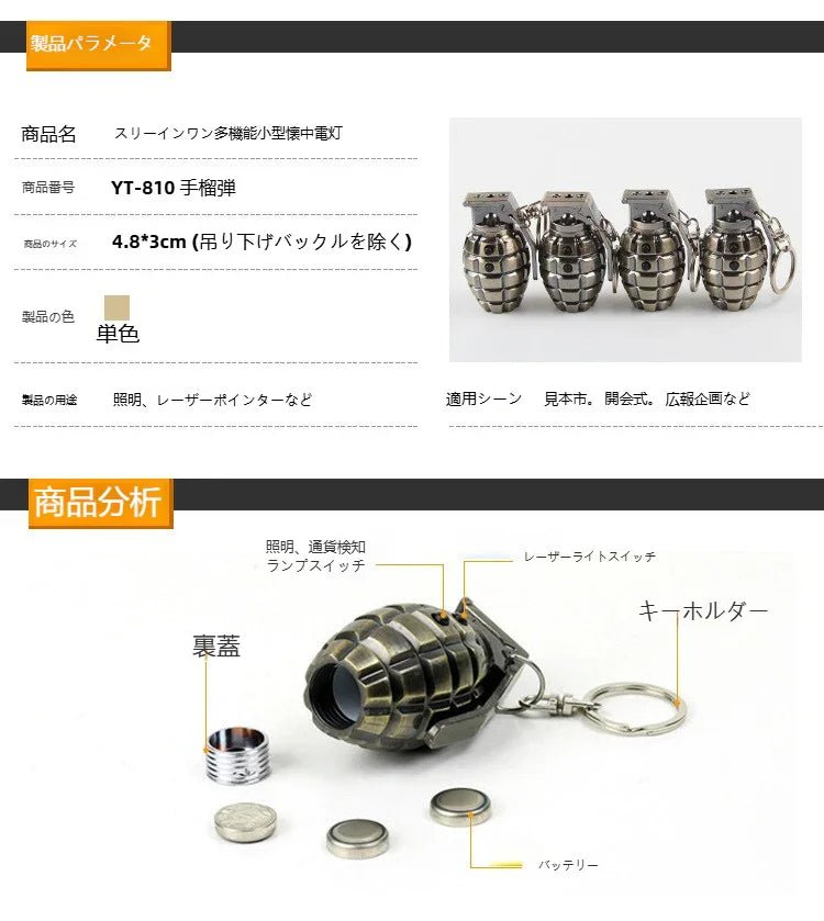 シミュレーショングレネードレーザーキーホルダーLED照明ミニ懐中電灯カスタムペンダント手榴弾メーカー卸売 - Yolerhome