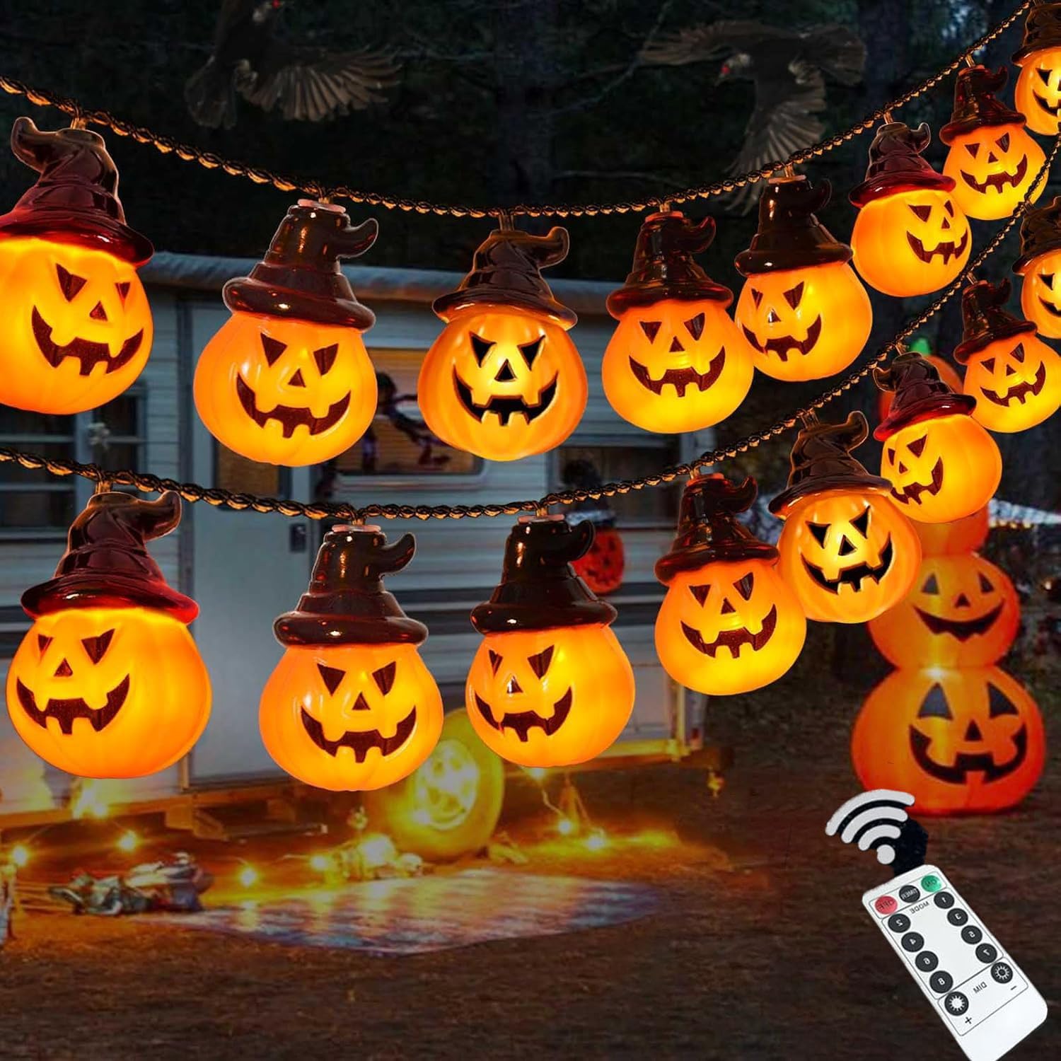 ハロウィン 飾り LEDライト 20球 全長3メートル パンプキンライト お化け コウモリ 装飾リモコン付属 屋外 イルミネーション 新年会 クリスマス 祭りの雰囲気 庭屋外 デコレーションライト (魔女帽子パンプキン3m20球, usbリモコン) - Yolerhome