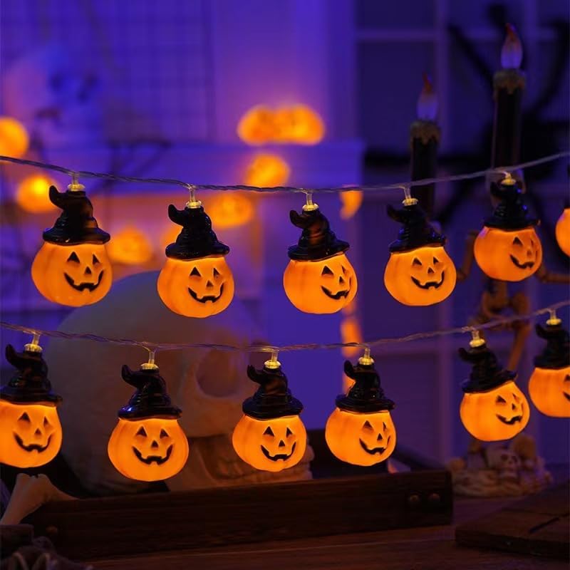 ハロウィン 飾り LEDライト 20球 全長3メートル パンプキンライト お化け コウモリ 装飾リモコン付属 屋外 イルミネーション 新年会 クリスマス 祭りの雰囲気 庭屋外 デコレーションライト (魔女帽子パンプキン3m20球, usbリモコン) - Yolerhome
