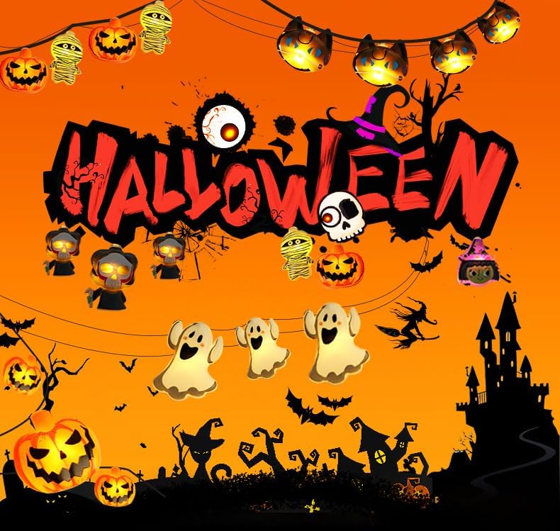 ハロウィン 飾り LEDライト 40球 全長6メートル パンプキンライトパターン カボチャライト 幽霊 お化け コウモリ 装飾 ストリングライト 防水 電池式 リモコン付属 屋外 イルミネーション 新年会 クリスマス 祭りの雰囲気 庭屋外 デコレーションライト (ミックス - A, 電池ボックス（常時点灯+点滅） - Yolerhome