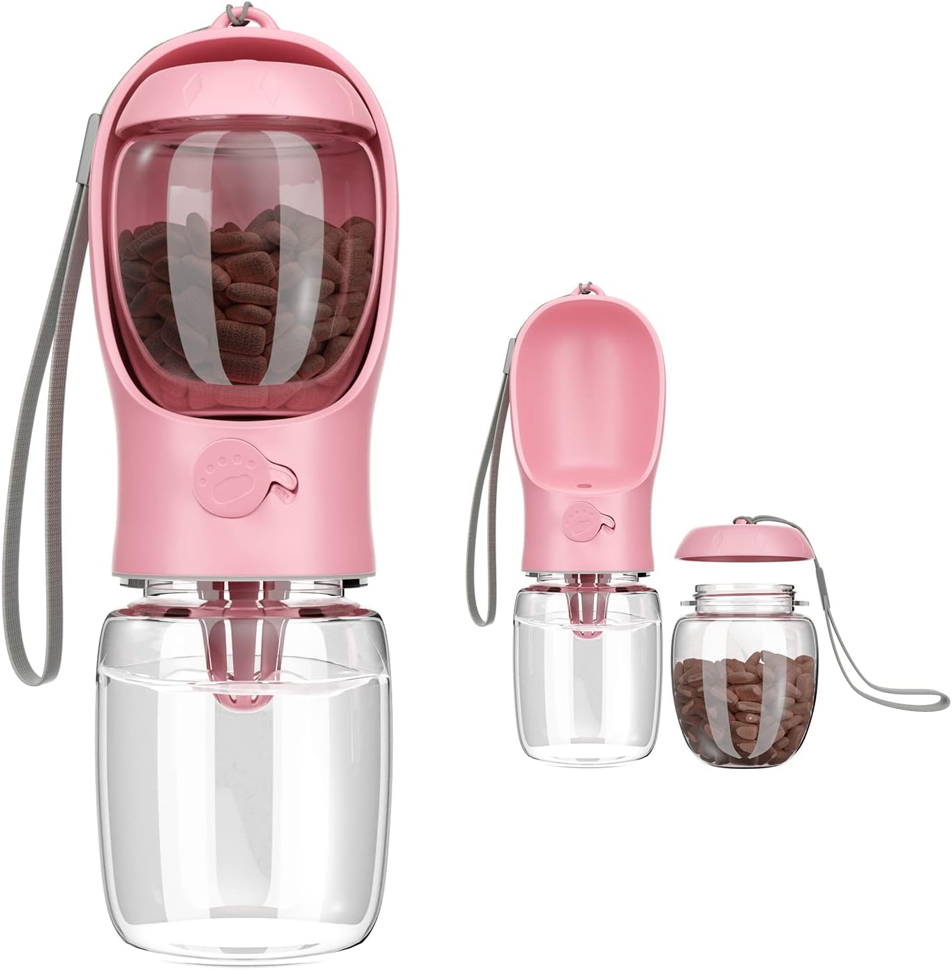 ペットウォーターボトル ペット用水飲みボトル犬ウォーターボトル 犬 散歩 水 ペット水筒 ウォーターボトル 犬 みずのみ器 ペットボトル犬グッズ 水飲み おやつ 給水器 循環 外出 軽量 ケース ドライブ 旅行 ペット 車 用品 み ず 持ち運び 携帯 猫水 餌 漏れ防止 (Pink, 350ml + 100g) - Yolerhome