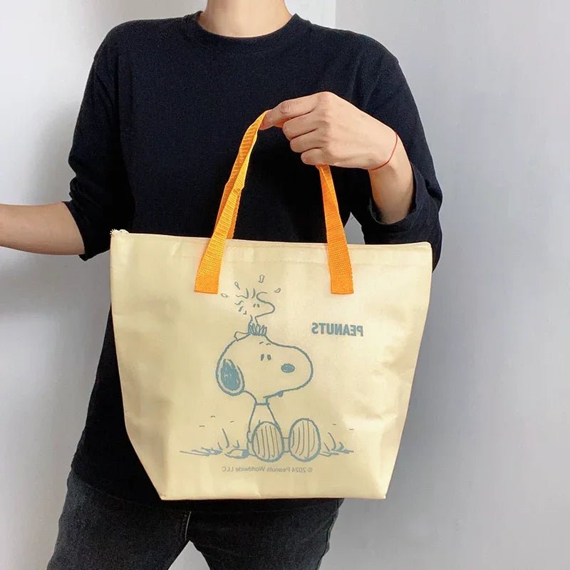 【スヌーピー】スヌーピーメイト保冷温バッグ【ブルーグレーイエロー】漫画スヌーピー 大容量 不織布 厚いアルミフィルム 保冷保温アイスバッグ ハンドバッグ - Yolerhome